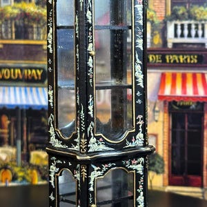 Miniature Dollhouse Replica Decor 18th Century French Vitrine Display Curio Cabinet Black Chinoiserie 2 Doors Open and Close Gold Trim Gift