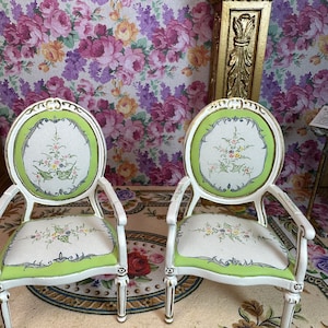 Very Rare Few of a Kind 1990s Miniture Dollhouse Decor Replica 2 Georgian Open Arm Chairs Hand Painted Upholstery Floral Design Canvas