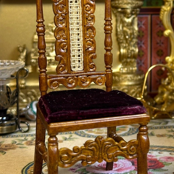 JBM Miniature Dollhouse Decor Replica Walnut French Chateau Dining Chair Intricately Carved Removable Mahogany Cushion to Cane Collectible