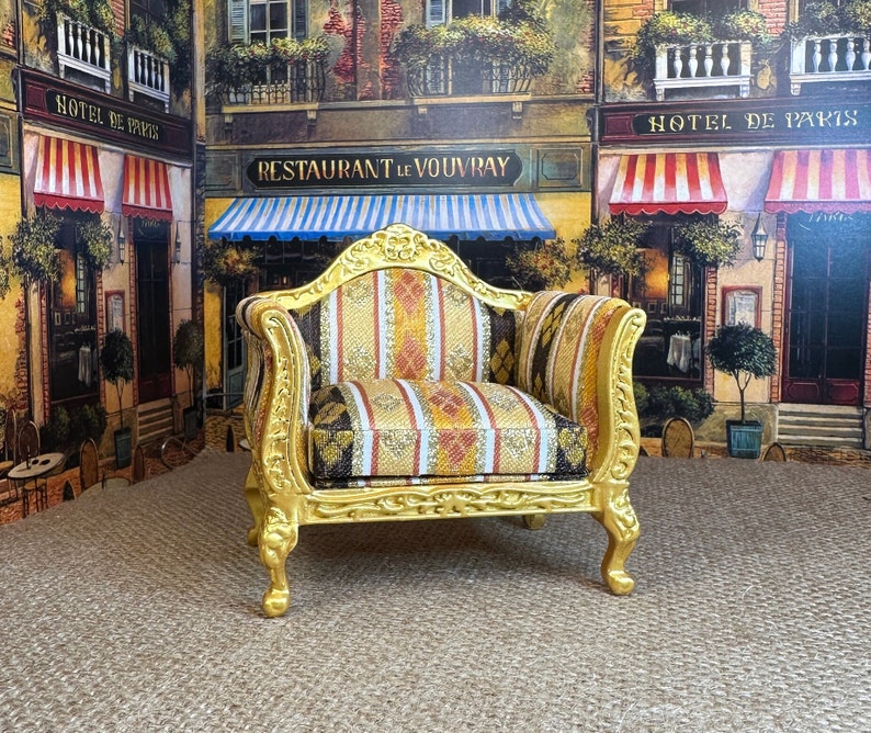 Miniature Dollhouse Decor Replica Louis XV Rococo Armchair Shadow Golds Black Wood 18th Century Collectible Holiday Birthday Gift Hobby image 2