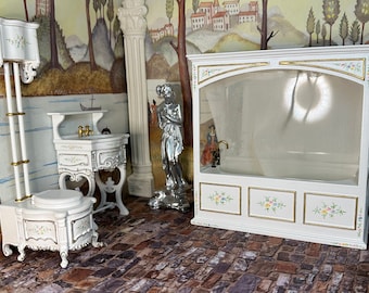 JBM Miniature Dollhouse Decor Replica Victorian 3 Piece White Bathroom Suite Large Enclosed Tub Sink Toilet French Floral Motifs Gift Giving