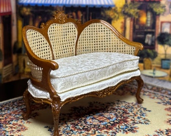 1:12 Louis XV Walnut Settee, Cane Back, Shadow White Brocade Upholstery Miniature