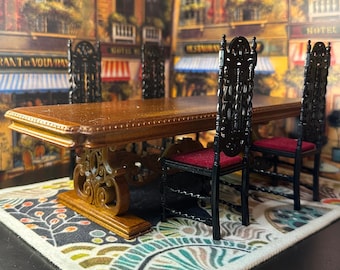 1:12 JBM Vintage Dollhouse  Long Walnut Trestle Table Fits 8 to 10 Chairs