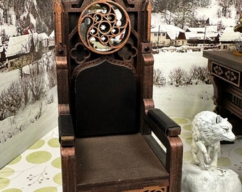 Miniature Dollhouse Decor Replica Dark Stained Gothic Throne King Chair Lord's Chair Ornate 12th Century Medieval Church Collectible Gifting