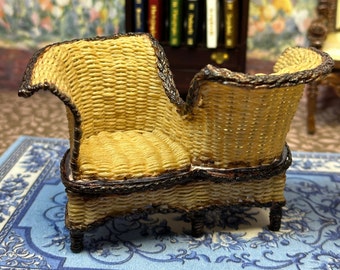 Vintage 1980s Hand Crafted Miniature Dollhouse Decor Replica Victorian Tete a Tete Wicker Chair Tan Brown Collectible Art Holiday Birthday