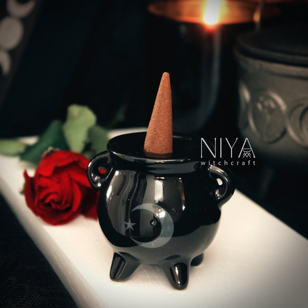 MOON Cauldron Incense HOLDER BURNER | witch's altar, witchcraft, aromatherapy, gothic decor, ceramic black cone burner, magickal gift