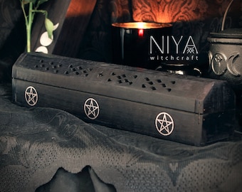 PENTAGRAM wooden incense holder and storage with 10 STICKS | black pagan gift, aestethic witchcraft altar, aromatherapy box, gothic decor