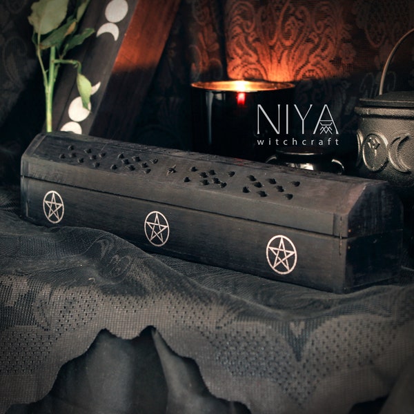PENTAGRAM wooden incense holder and storage with 10 STICKS | black pagan gift, aestethic witchcraft altar, aromatherapy box, gothic decor