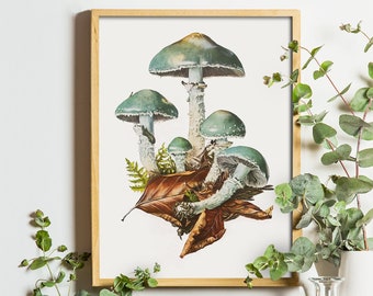 Impresión de arte de setas azules / Decoración de la pared de setas / Arte botánico de la pared / Setas pintadas / Arte de setas vintage / Arte de la pared de la naturaleza / Arte de hongos