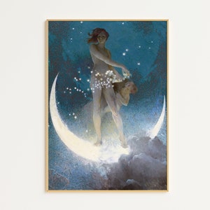May include: A painting of a woman standing on a crescent moon, surrounded by stars. She is wearing a flowing white garment and has long, flowing hair. The background is a dark blue sky.