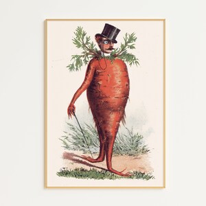 May include: A vintage illustration of a cartoon carrot wearing a top hat, monocle, and a bow tie. The carrot is standing on a grassy path with green foliage.