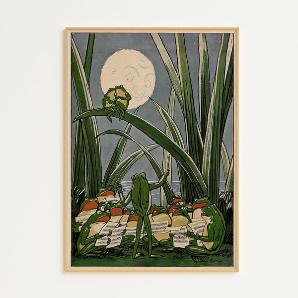 Printable Frog Under The Moon | Vintage Art | Digital Download | Funny Frog Poster | Frog Wall Art | Vintage Moon Poster | Frog Wall Decor