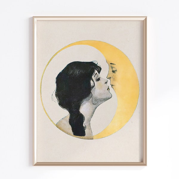 Woman Kissing The Moon | Digital Download | Vintage Moon Art | Vintage Moon Poster | Celestial Art | Moon Witch Art | Dear Old Dixie Moon