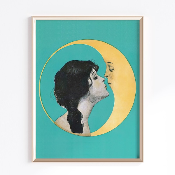 Woman Kissing The Moon | Digital Download | Vintage Moon Print | Vintage Moon Poster | Celestial Art | Moon Witch Art | Dear Old Dixie Moon