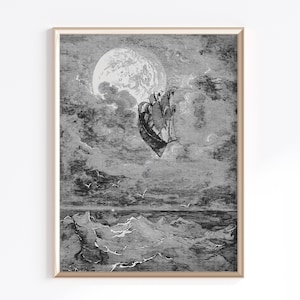 May include: A black and white illustration of a ship sailing through the clouds with a large, full moon in the background.