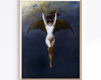 Vleermuis vrouw afdrukbare muur | Digitale download | Hekserij kunst aan de muur | Donkere gotische kunst | Donkere academische kunst | Albert Joseph Pénot | Vintage vleermuis kunst