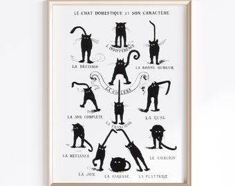 アンティーク猫の印刷可能なアート | デジタルダウンロード | フランスの猫のプリント | 猫好きへのギフト | 猫のアートプリントポスター | 黒猫のプリント