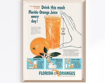 オレンジジュースの印刷可能なポスター | デジタルダウンロード | ビンテージキッチンプリント | レトロアートポスター | 朝食キッチンアート | レトロキッチンポスター