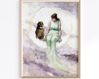 Vrouw op de maan afdrukbare kunst | Digitale download | Halve Maan | Hemelse muurkunst | Maanposter | Maan kunstprint | Maan meisje kunst