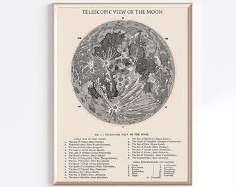 Impresión de mapa lunar imprimible / Descarga digital / Impresión lunar vintage / Arte de la pared lunar / Arte lunar imprimible / Decoración de la pared lunar / Astronomía vintage