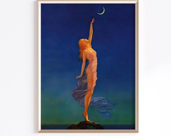 Reaching For The Moon Printable Wall Art  | Digital Download | Moon Art Print | Woman And Moon Art | Celestial Art Print | Girl Moon Decor