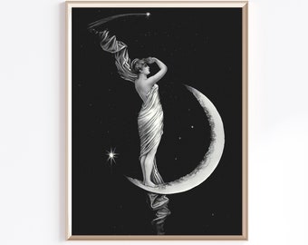 Moon Goddess Printable Art | Digital Download | Cresent Moon Print | Celestial Art Print | Vintage Print | Moon Witch Art | Vintage Astonomy