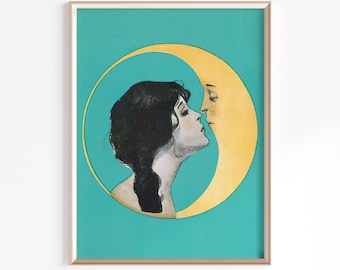 Mujer besando la luna / Descarga digital / Vintage Moon Print / Vintage Moon Poster / Arte celestial / Moon Witch Art / Querida vieja Dixie Moon