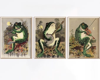 印刷可能なカエルアートセット | デジタルダウンロード | ビンテージカエルアート | ビンテージポスター | カエルウォールアート | 面白いウォールアート | アンティークカエル