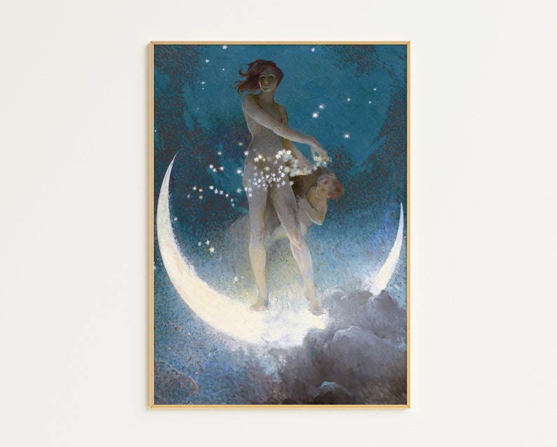May include: A painting of a woman standing on a crescent moon, surrounded by stars. She is wearing a flowing white garment and has long, flowing hair. The background is a dark blue sky.
