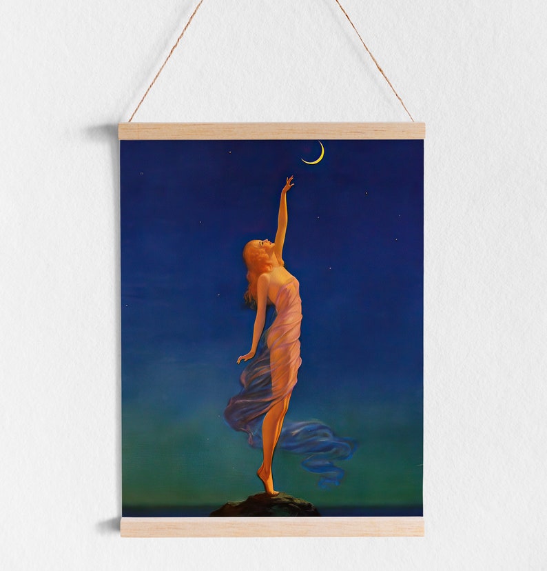 May include: A woman in a flowing, light purple dress reaches up towards a crescent moon in a dark blue night sky. The sky is dotted with stars.