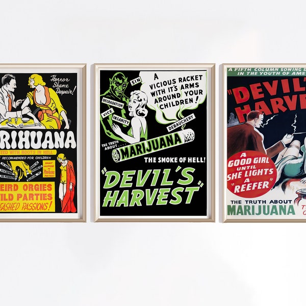 Marihuanaset van 3 afdrukbare posters | Digitale download | Duivels Harvast afdrukken | Cannabis kunst aan de muur | Marihuana poster kunst | Retro kunst aan de muur