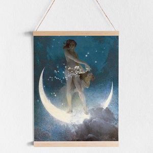 May include: A woman stands on a crescent moon, holding a string of stars in her hand. The moon is white and the background is a dark blue with white stars.