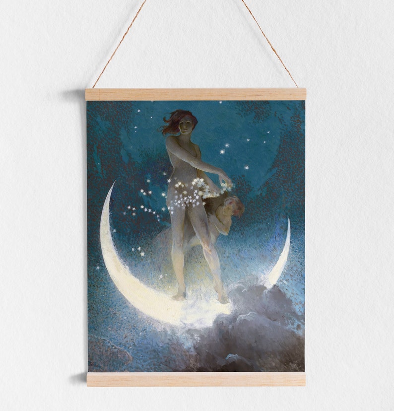 May include: A woman stands on a crescent moon, holding a string of stars in her hand. The moon is white and the background is a dark blue with white stars.