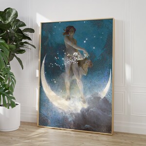 May include: A painting of a woman standing on a crescent moon in a starry night sky. The woman is wearing a flowing white dress and has long, flowing hair. The moon is surrounded by clouds and stars.