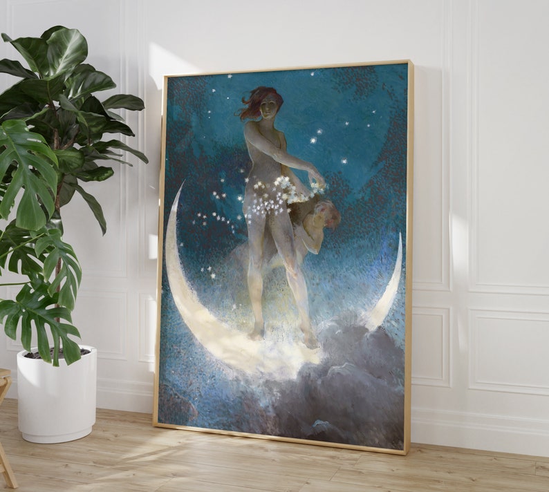 May include: A painting of a woman standing on a crescent moon in a starry night sky. The woman is wearing a flowing white dress and has long, flowing hair. The moon is surrounded by clouds and stars.