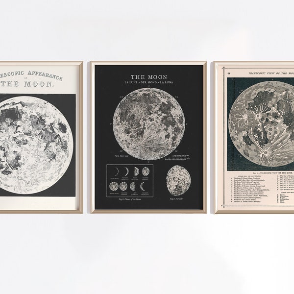 Mond 3er Set Druckbare Poster | Digitaler Download |Mondphasen Poster |Set Mond Wanddeko | Druckbares Mond Poster