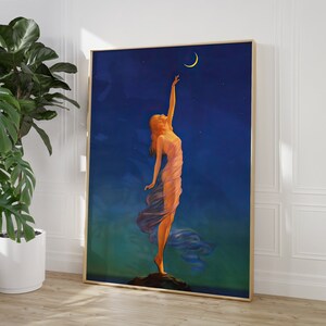 May include: A vintage-style poster depicting a woman in a flowing gown reaching towards a crescent moon against a dark blue night sky.
