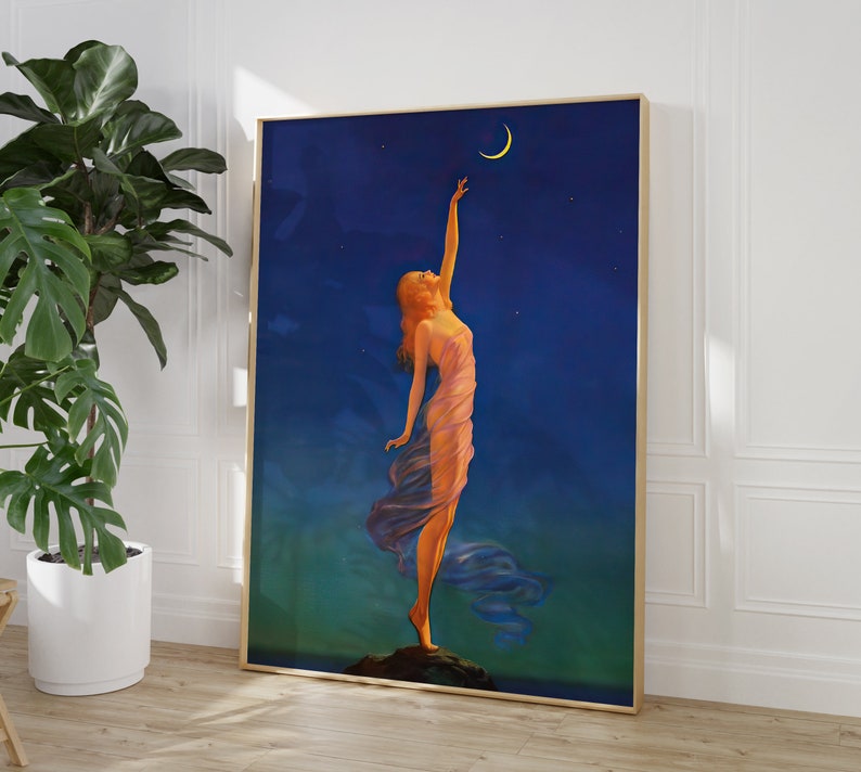 May include: A vintage-style poster depicting a woman in a flowing gown reaching towards a crescent moon against a dark blue night sky.