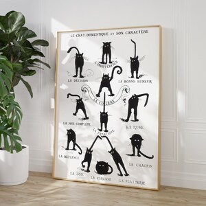 May include: A black and white illustration of a cat in different poses, each representing a different personality trait. The text in French describes each trait, such as "la colere" (anger) and "la joie" (joy).