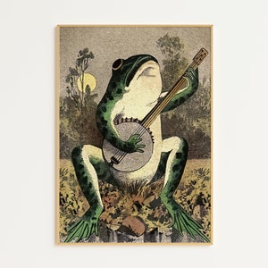 May include: A green frog playing a banjo in a forest setting. The frog is sitting on a log and has a banjo in its hands. The banjo is decorated with a floral pattern. The frog is wearing a red hat and has a smile on its face.