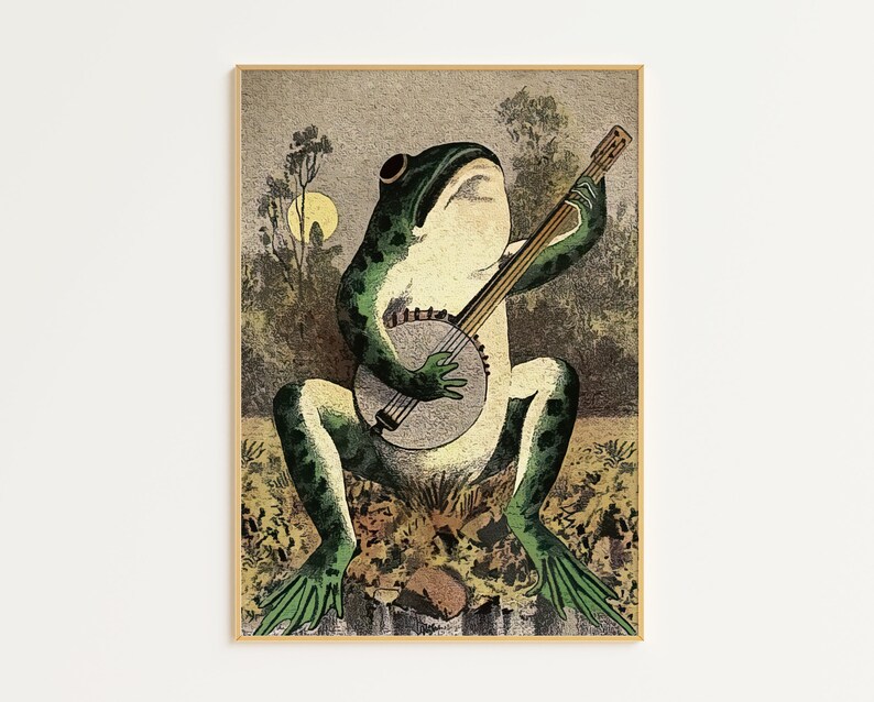 May include: A green frog playing a banjo in a forest setting. The frog is sitting on a log and has a banjo in its hands. The banjo is decorated with a floral pattern. The frog is wearing a red hat and has a smile on its face.