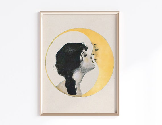 Woman Kissing The Moon | Digital Download | Vintage Moon Art | Vintage Moon Poster | Celestial Art | Moon Witch Art | Dear Old Dixie Moon