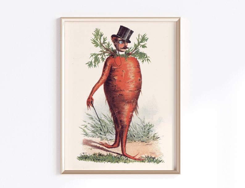 May include: A vintage illustration of a cartoon carrot wearing a top hat and monocle. The carrot is standing upright with its arms outstretched and holding a cane. The carrot is surrounded by green grass.