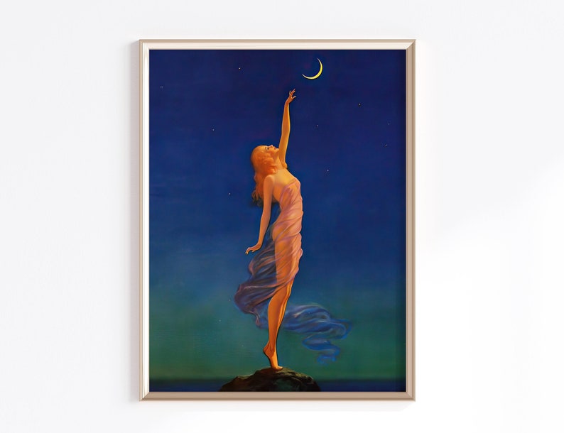 May include: A woman in a flowing, light purple dress reaches up towards a crescent moon in a dark blue night sky. The sky is dotted with stars.