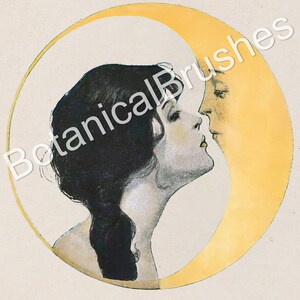 May include: Vintage illustration of a woman with dark hair kissing a crescent moon. The woman's profile is in grayscale, while the moon is a golden yellow. The artwork is set against a cream-colored background.