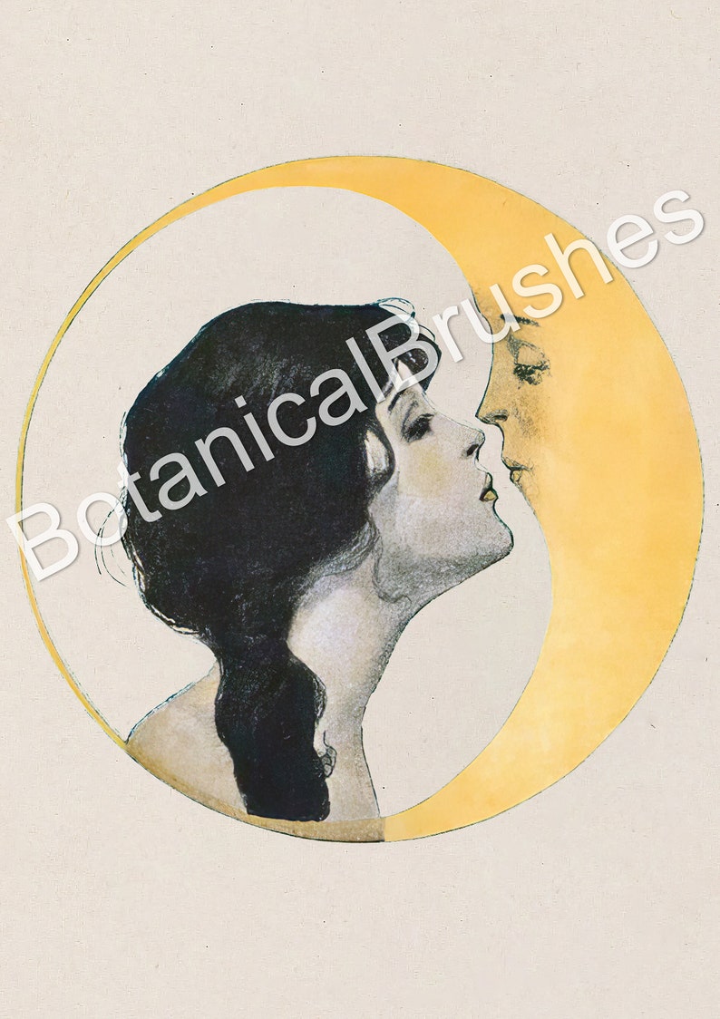 May include: Vintage illustration of a woman with dark hair kissing a crescent moon. The woman's profile is in grayscale, while the moon is a golden yellow. The artwork is set against a cream-colored background.