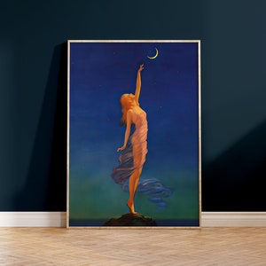 May include: A woman in a flowing purple dress reaches up towards a crescent moon in a starry night sky.