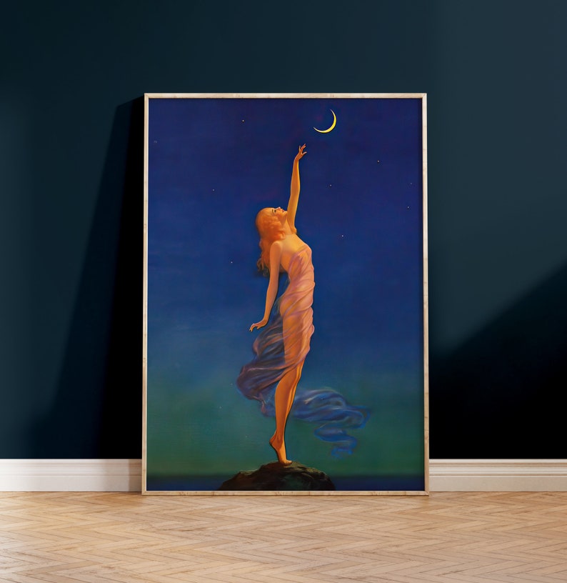 May include: A woman in a flowing purple dress reaches up towards a crescent moon in a starry night sky.