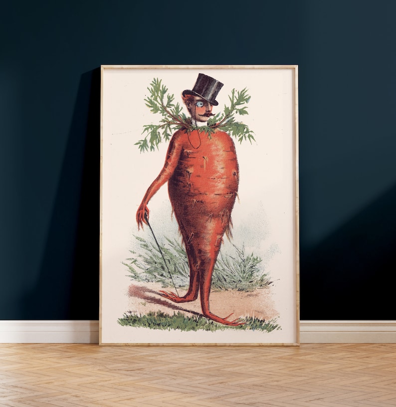 May include: A vintage illustration of a carrot wearing a top hat and monocle. The carrot is standing in a field of green grass.