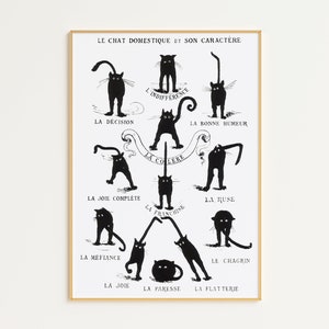 May include: A black and white illustration of a cat in different poses, each representing a different personality trait. The text in French describes each pose, such as "La Colere" (Anger) and "La Joie" (Joy).